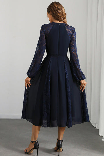 Robe de bal longue à col rond bleu marine à manches longues